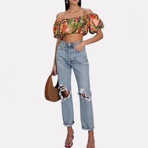 FARM RIO Macaw Leaves Off-The-Shoulder Crop Top XS